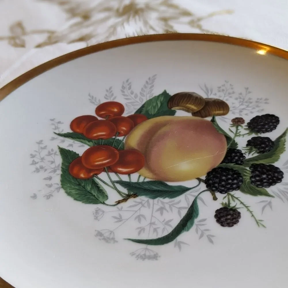 Winterling Schwarzenbach Bavaria Vtg Set of 3 Porcelain Salad Plates Fruit Gold